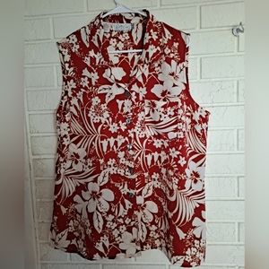Kathy Che red and white floral sleeveless Button down top/blouse